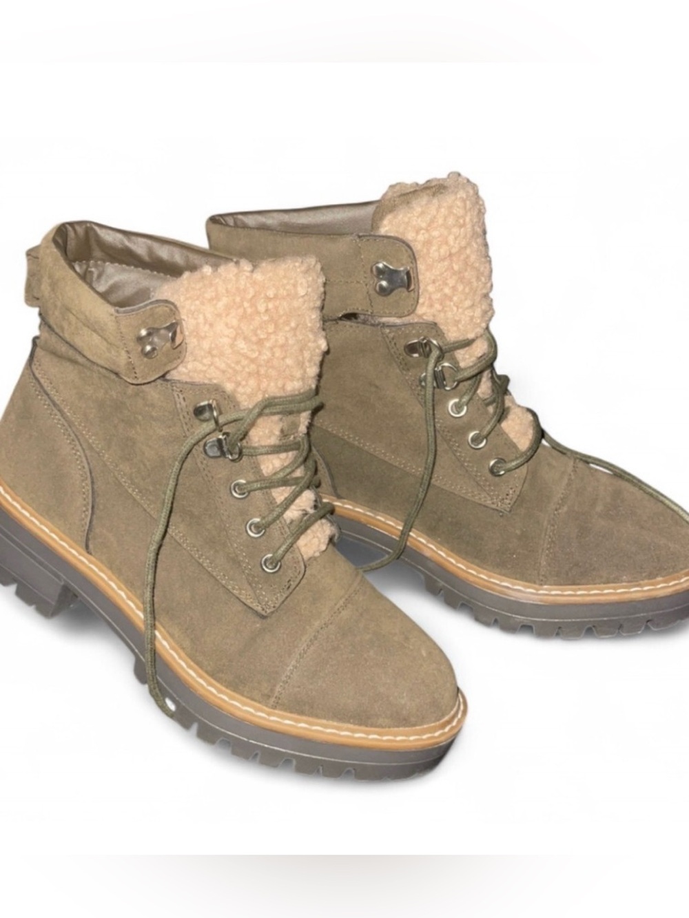 Women’s Olive Suede Lace-Up Ankle Boots with Sherpa Collar